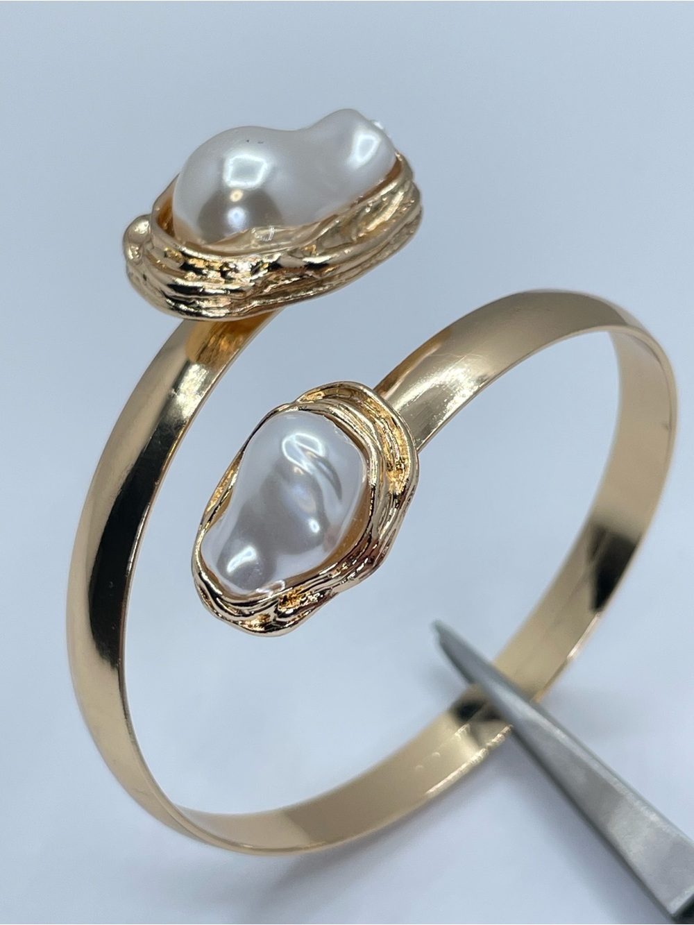 Gold Faux Baroque Pearl Open Cuff Bangle Bracelet Boho Chic Statement